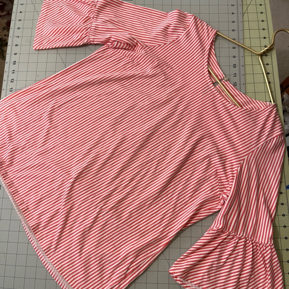 Soft Surroundings Pink & White Vertical Striped Blouse Bell Sleeve L